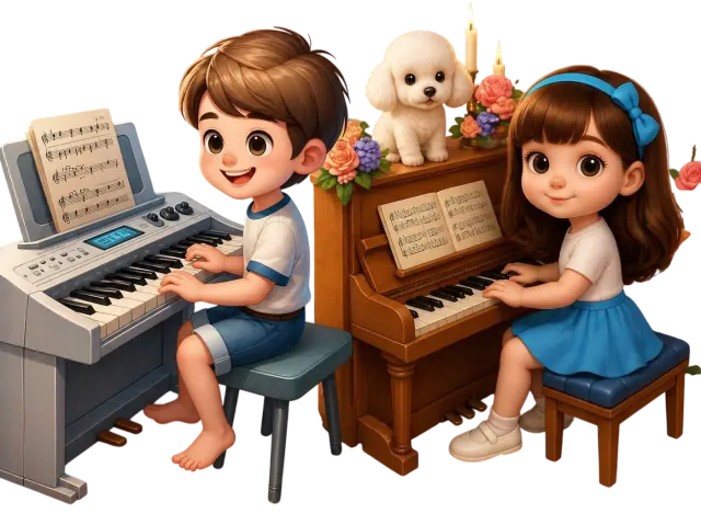 Família compartilhando um momento musical ao teclado